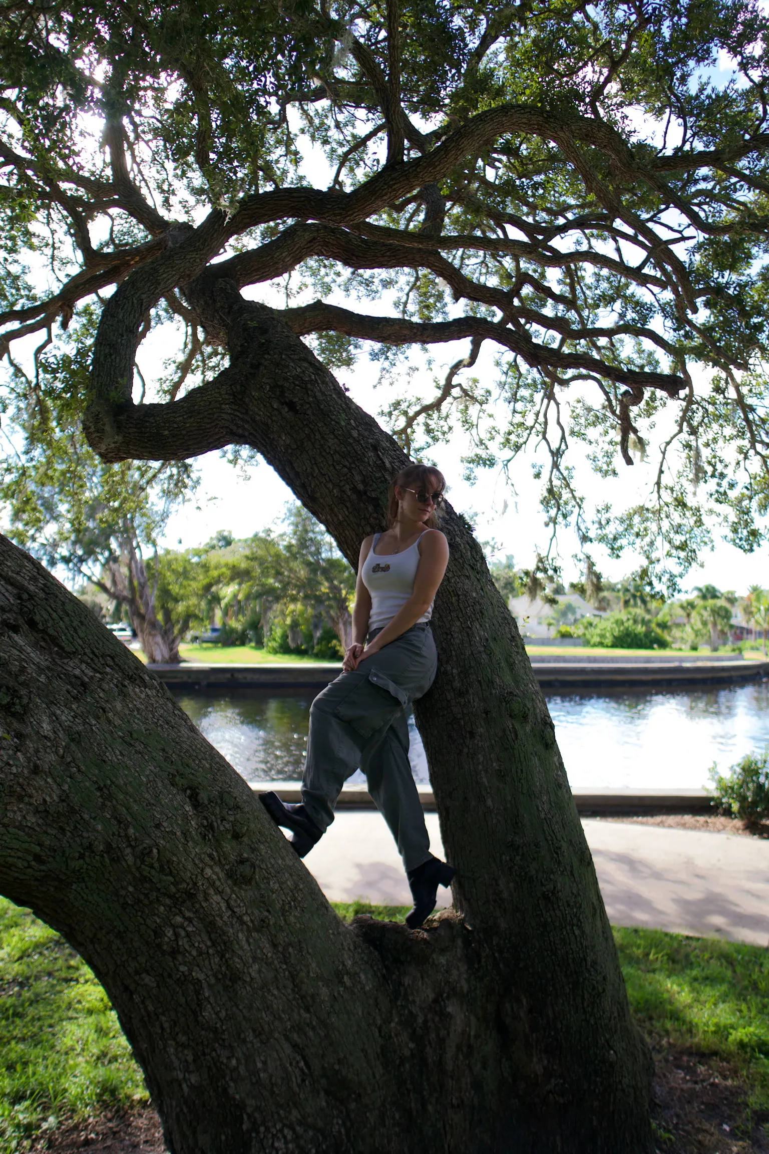 A woman standing at the base of a leaning live oak, marina and water behind