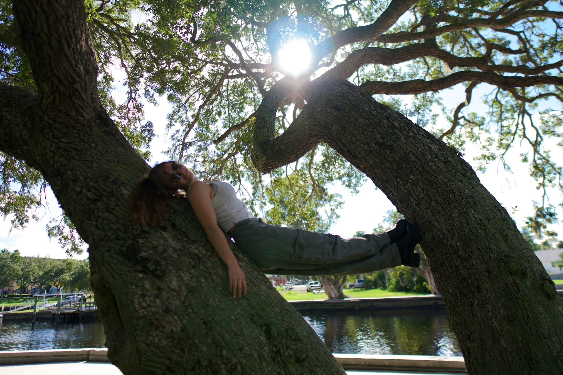 A woman lying along a low oak branch, waterway visible below