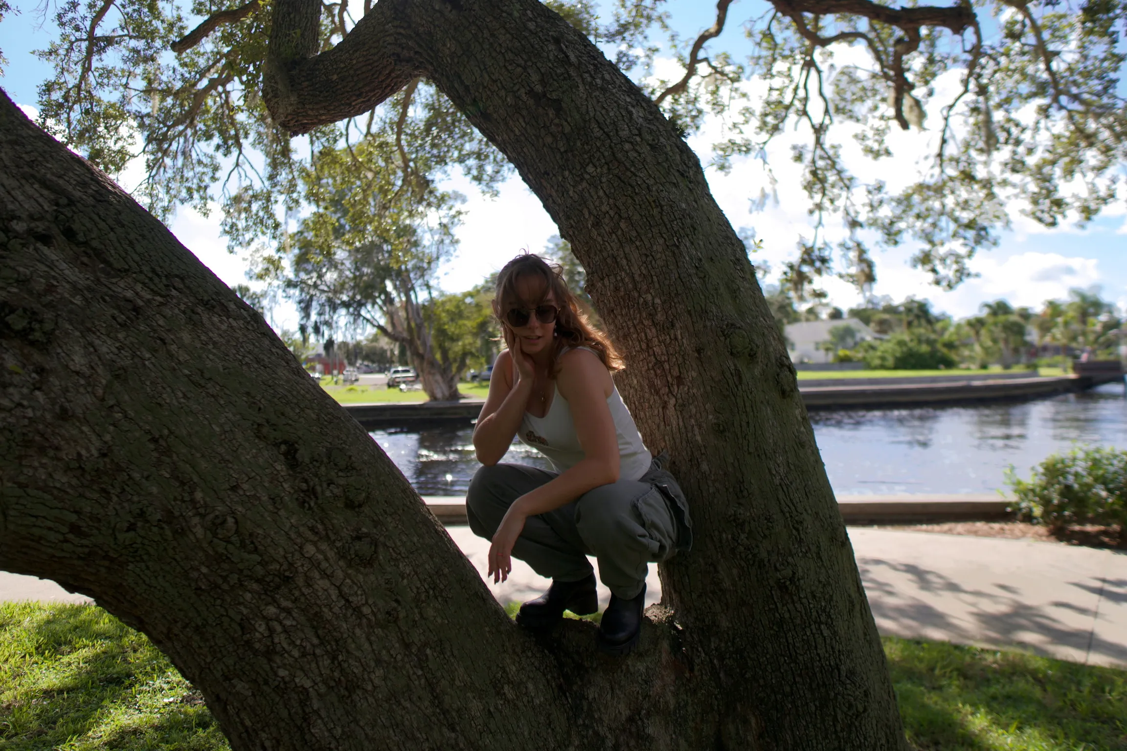 A woman crouched under a live oak, buildings across the water in the distance
